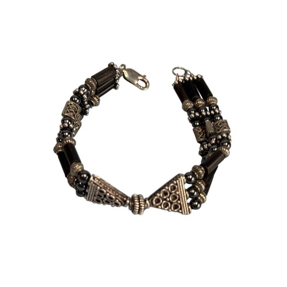 Sterling Silver & Hematite Beaded Bracelet 7" Long 3/4" Wide Triangular Accents - Picture 2 of 5